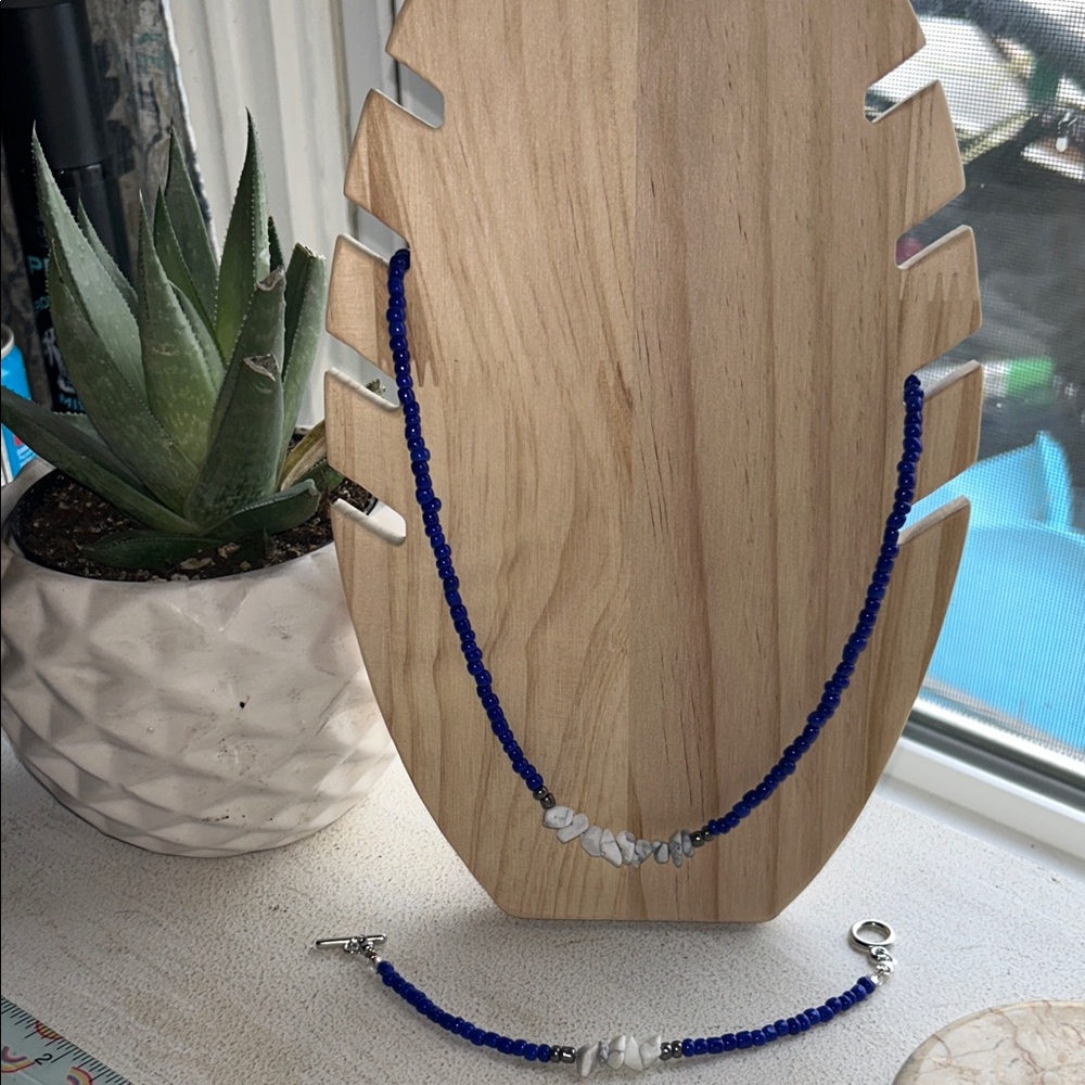 Handmade Royal Blue Beaded Necklace and Bracelet Set with White Stone Accents